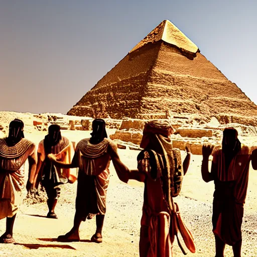 Prompt: egyptian workers wearing ancient clothing building the pyramids, historical reenactment, incredibly detailed, dramatic lighting, cinematic lens flare, 3 5 mm digital photo