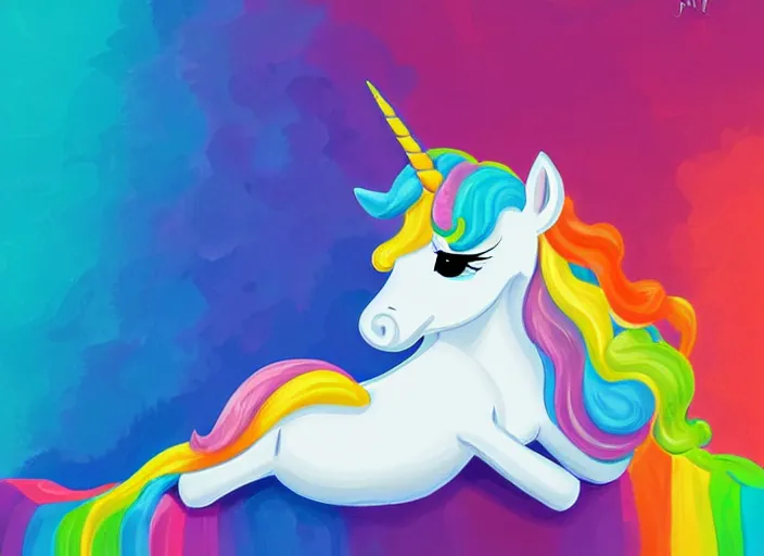 Image similar to unicorn relaxing, teed relaxing colorful, modern, disney, in style of pixar, highly detailed, sharp focus, digital painting