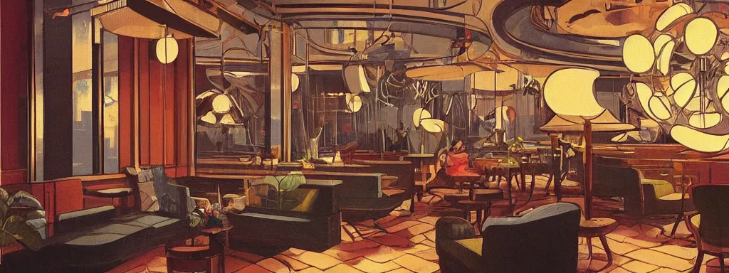 Image similar to concept art, retro - futurist speakeasy, reflections, night lighting, designer furniture, high ceiling, 6 0 s colour palette, plants, flowers, floor lamps, multi - level, soft lighting, city view, bladerunner, james jean, syd mead, akihiko yoshida, cinematic