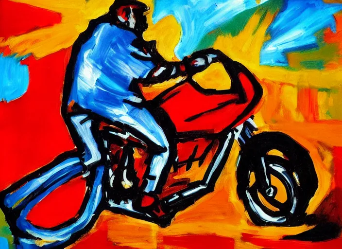 Image similar to expressionist painting of walter white on a motorbike, dynamic perspective, expressionist, colorful, clean, close up