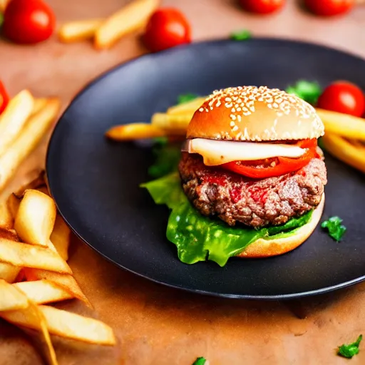 Prompt: a gourmet hamburger with lettus, tomatoes, onions, sauce and cheese on a plate with fries. Hyperrealistic, food photography, focal point, focus, background blur, dark, realistic, detailed, lighting, cinematic, 8k