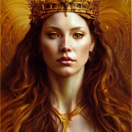 Image similar to highly detailed portrait of a majestic lioness queen in the form of a beautiful woman. d & d. art by donato giancola, eugene delacroix, ruan jia, ivan bilibin. trending on artstation, intricate details, energetic composition, golden ratio, concept art, illustration, elegant art, global illuminaition