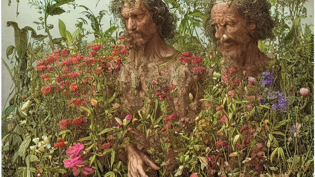 Prompt: highly detailed illustration of a human surrounded by all the known species of plants and flowers by juan gatti!, by moebius!, by leonardo da vinci, by oliver vernon!