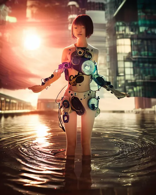 Image similar to beautiful centered photo of korean girl as a solarpunk cyborg with white mechanical parts and implanted bright halogen lamps, treading above calm water, ultra - realistic and detailed, sun lit, white background, bokeh, soft focus, slow exposure hdr 8 k