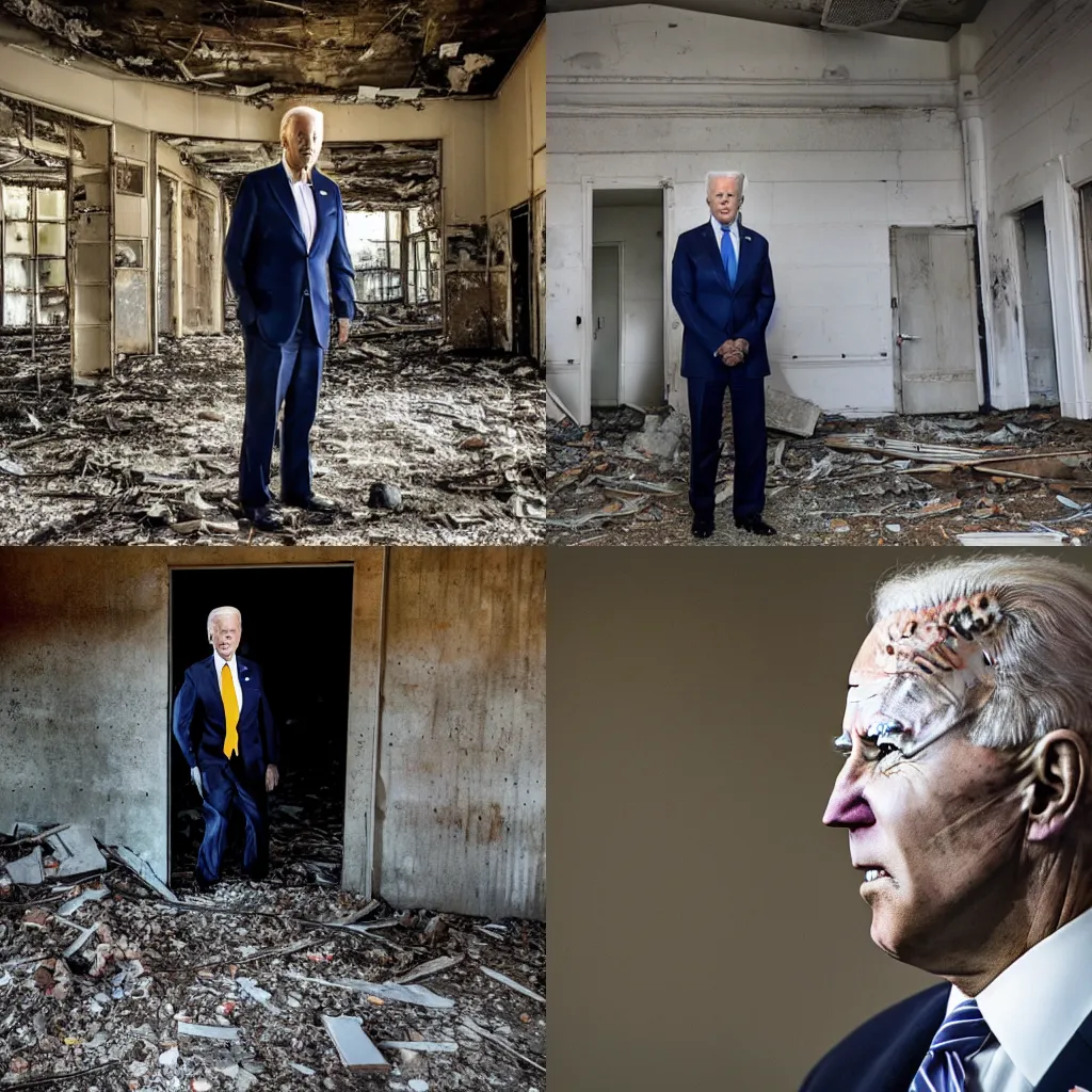 Prompt: ominous joe biden in an abandoned building