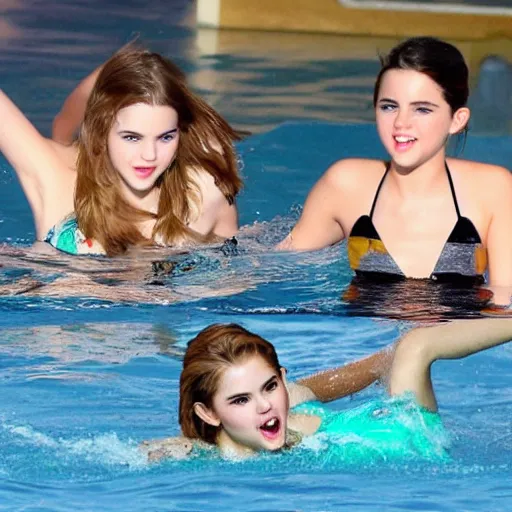 Image similar to emma watson and taylor swift and selena gomez swim together. perfect faces.