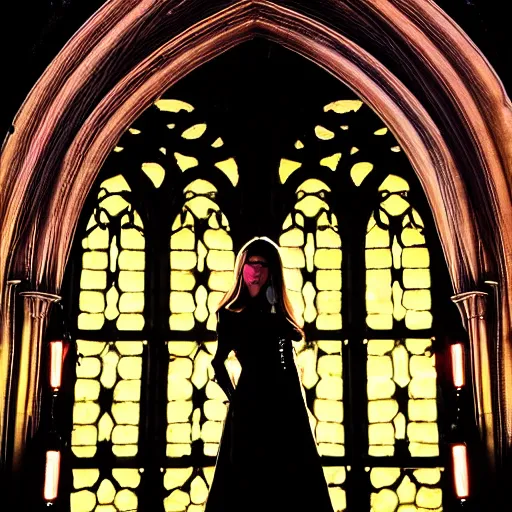 Image similar to 1 8 mm gothic girl dressed in black, behind her a gothic cathedral, dramatic lights, dark ambients, the windows of the cathedral are reflecting red flame lights, golden hour, detailed face, intricate ornaments