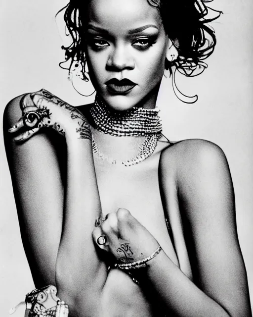 Prompt: a beautiful professional photograph of rihanna as beautiful by herb ritts, arthur elgort and ellen von unwerth for vogue magazine, unusually attractive, fashion model looking at the camera in a flirtatious way, zeiss 8 0 mm f 2. 8 lens