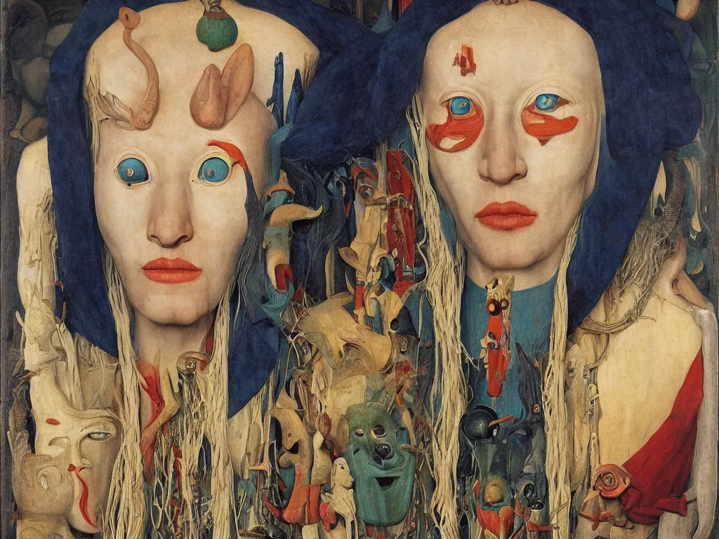 Prompt: portrait of albino mystic with blue eyes, with beautiful exotic, archaic, prehistoric, African Oceanian masks, sculptures. Painting by Jan van Eyck, Audubon, Rene Magritte, Agnes Pelton, Max Ernst, Walton Ford