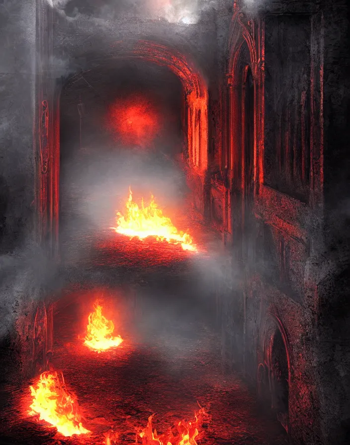 Image similar to Gates of hell by paul chadeison, concept art, ultra realistic, super detailed, photorealistic,fire, smoke, cinematographic, epic lighting, religious