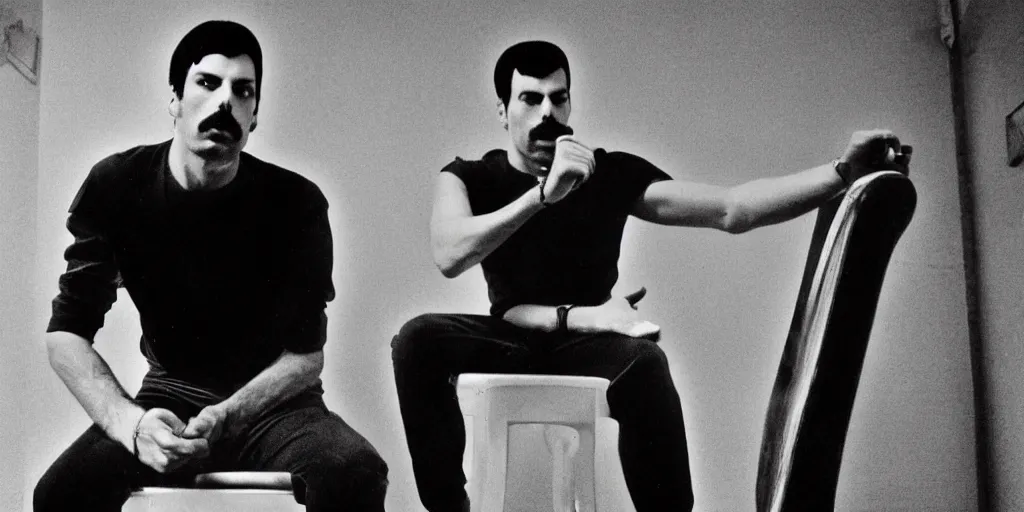 Prompt: freddie mercury sits in a russian prison, black and white photo, realism, 3 5 mm, good lighting