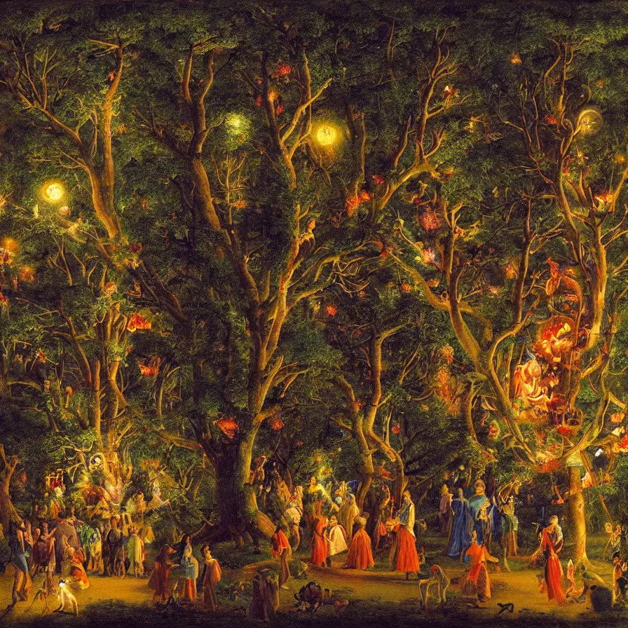 Image similar to a night carnival around a magical tree cavity, with a surreal orange moonlight and fireworks in the background, next to a lake with iridiscent water, christmas lights, folklore animals and people disguised as fantastic creatures in a magical forest by summer night, masterpiece painted by philipp veit, dark night environment
