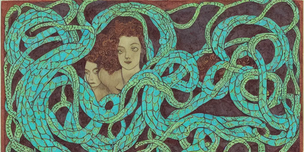 Image similar to queen of snakes, pale blue, emerald, sapphire, wearing a crown of vines, moonlit