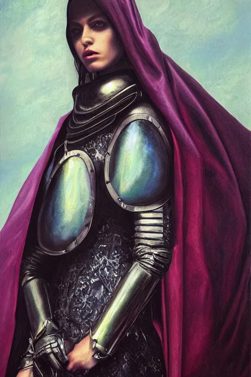 Image similar to hyperrealism oil painting, close - up portrait of european medieval brunette vampire fashion model, knight, steel gradient mixed with nebula sky, in style of baroque