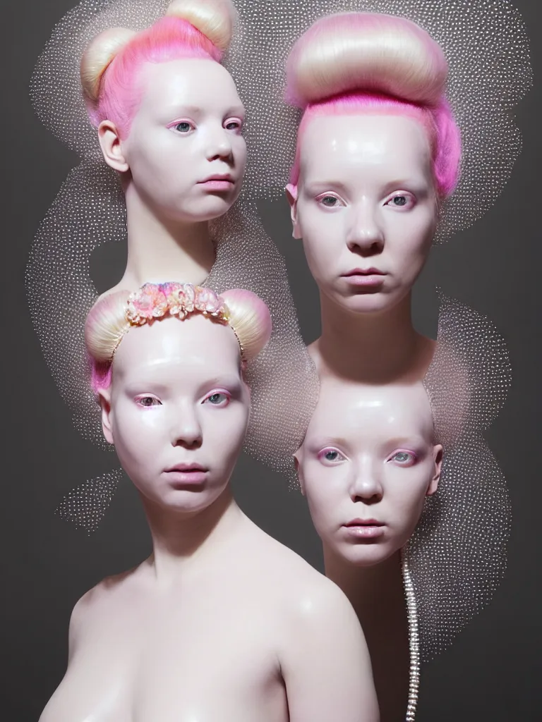 Image similar to portrait of a ethereal goddess wearing a big pearl studded iridescent beauty mask and pink hair buns, wearing a black bodysuit by alexander mcqueen, cream white background, soft diffused light, biotechnology, humanoid robot, perfectly symmetric, bjork aesthetic, translucent, by rineke dijkstra, intricate details, highly detailed, masterpiece,