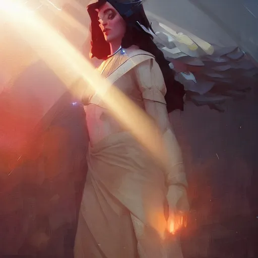 Prompt: godess of artificial intelligence, sharp focus, god rays, volumetric light, by greg rutkowski and greg manchess, cinematic, light from above