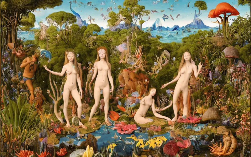 Image similar to a portrait photograph of a meditating mermaid shaman and a centaur monk feeding tropical animals at a wide river delta. surrounded by bulbous flowers, animals, trees and mushrooms. mountain range under a vast blue sky of burning stars. painted by jan van eyck, max ernst, ernst haeckel and artgerm, cgsociety, artstation, fashion editorial