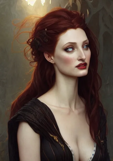 Image similar to sansa angeline jolie gessica chastain vampire, intricate, elegant, highly detailed, digital painting, artstation, concept art, smooth, sharp focus, illustration, art by artgerm and greg rutkowski and alphonse mucha and william - adolphe bouguereau