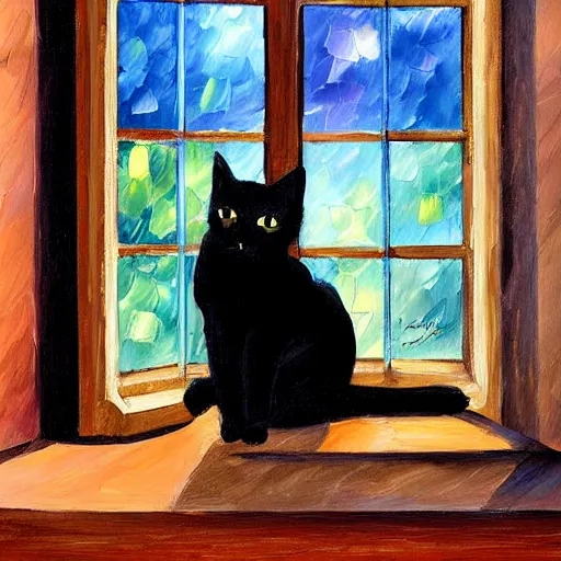 Prompt: peaceful dreamy painting of a content black cat sitting by a window, sunshine coming through the window, small plants on the window sill, 4k resolution, highly detailed, by Leonid Afremov