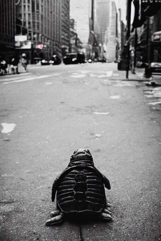 Image similar to photo polaroid of a ninja turtle in the middle of a New York street, loneliness, war, black and white ,photorealistic, 35mm film,