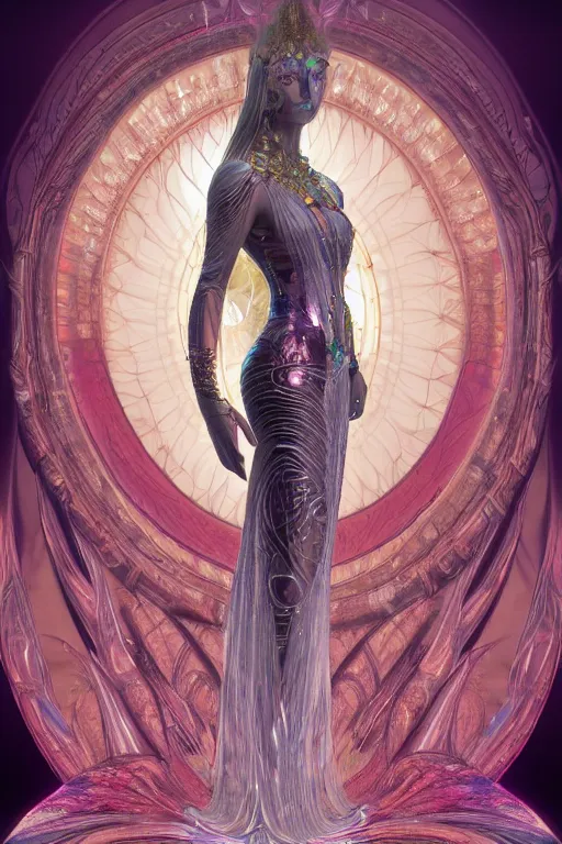 Prompt: a realistic ciematic photo of a beautiful ancient alien woman goddess kate moss shiva standing in iris van herpen dress jewelery and fractals in style of alphonse mucha art nuvo dmt trending on artstation made in unreal engine 4