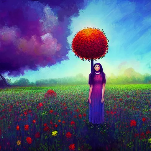 Image similar to giant flower head, girl standing in flower field, surreal photography, big trees, sunrise dramatic light, impressionist painting, colorful clouds, digital painting, pointillism, artstation, simon stalenhag