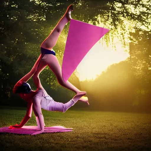 Prompt: A girl made of origami paper doing acrobatic contemporary dance, dramatic lighting, with bokeh effect in a sunny meadow