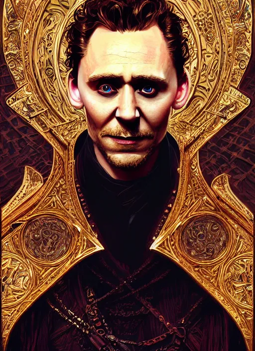 Image similar to portrait of tom hiddleston as a vampire lord, jewelry, intricate, headshot, highly detailed, digital painting, artstation, concept art, sharp focus, cinematic lighting, illustration, art by artgerm and greg rutkowski, alphonse mucha, cgsociety