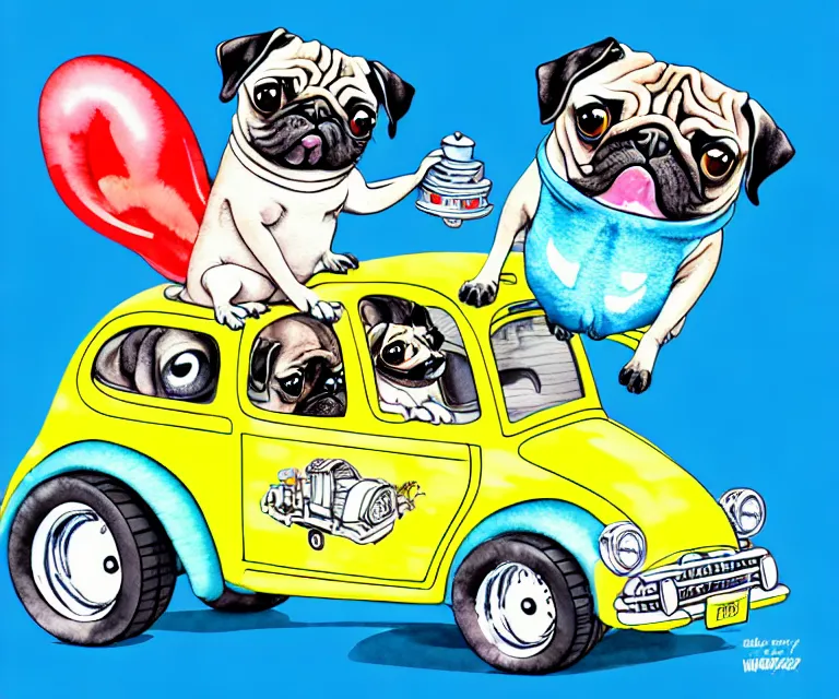 Image similar to cute and funny, pug riding in a tiny hot rod with oversized engine, ratfink style by ed roth, centered award winning watercolor pen illustration, isometric illustration by chihiro iwasaki, edited by range murata, tiny details by watercolor girl, symmetrically isometrically centered