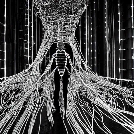 Image similar to nervous system made of wires and alien technology in a white room with glowing leds, hyper detailed, surreal concept art, apocalyptic, realistic, alive, industrial, tech, black and white photo on film, grain, cyborg, futuristic, humanoid, dream,