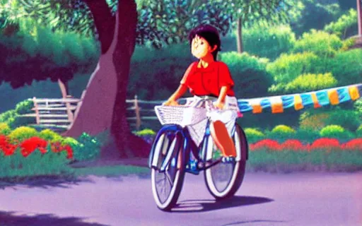 Image similar to a young girl riding a bike with a basket in a small town, 1970s philippines, art by hayao miyazaki, studio ghibli film, hi res, 4k, detailed face