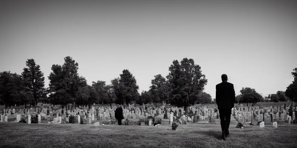 Prompt: Photo of a lone man in a black suit walking in a cemetery