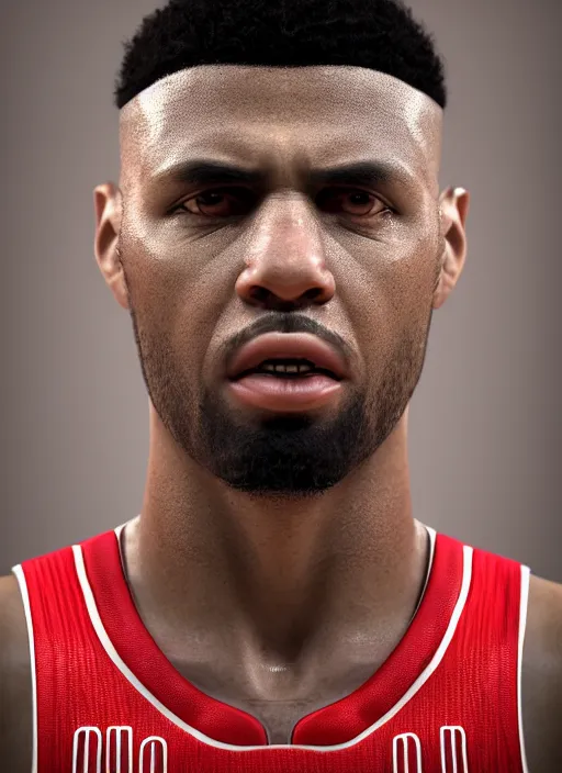 Prompt: a close up and detailed 3 d rendered portrait of an nba basketball player by hadi karimi, serious expression, exquisite lowkey lighting, accurate skin textures, subsurface scattering, octane renderer, zbrush, extreme detail, aesthetically pleasing and harmonious natural colors