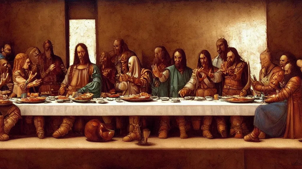 Image similar to mandalorian last supper, by leonardo davinci, concept art, oil painting, art station