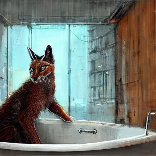 Image similar to cyberpunk cute caracal in a bathtub, by Alena Aenami, by Guy Denning