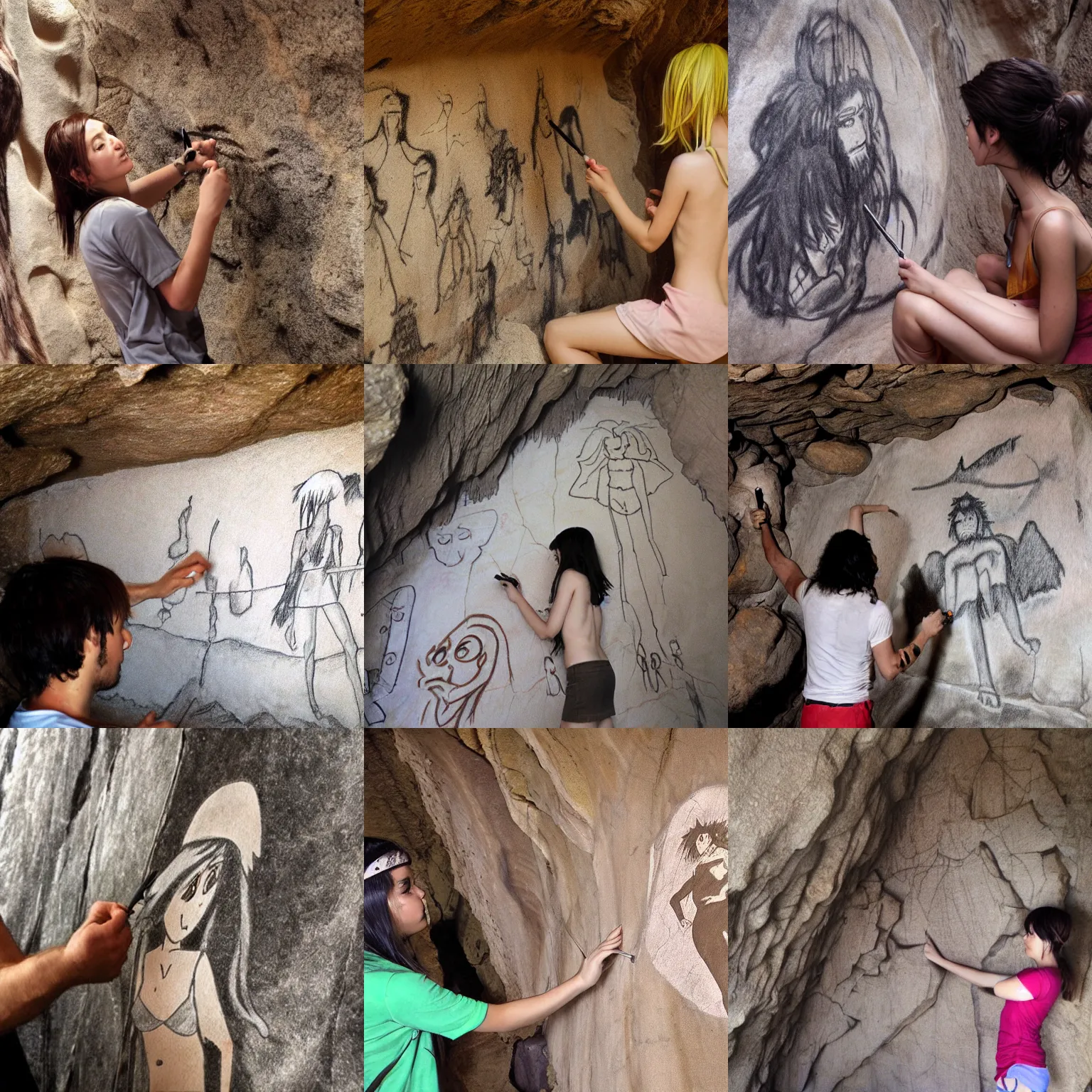 Prompt: a caveman drawing an anime girl on a cave wall, photo