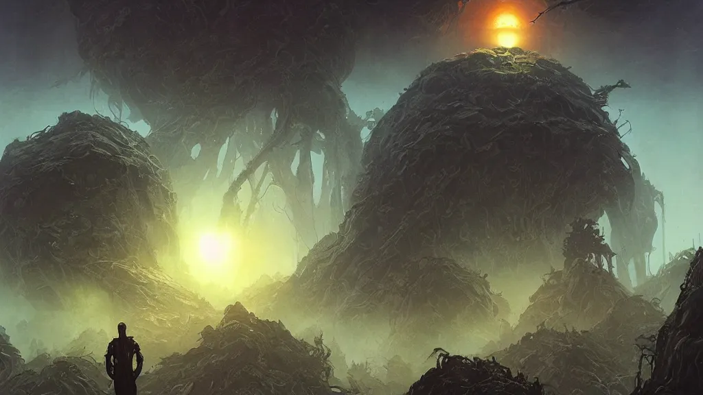 Image similar to eerie atmospheric alien planet with biomechanical plants by les edwards and vincent di fate and anato finnstark, epic cinematic matte painting