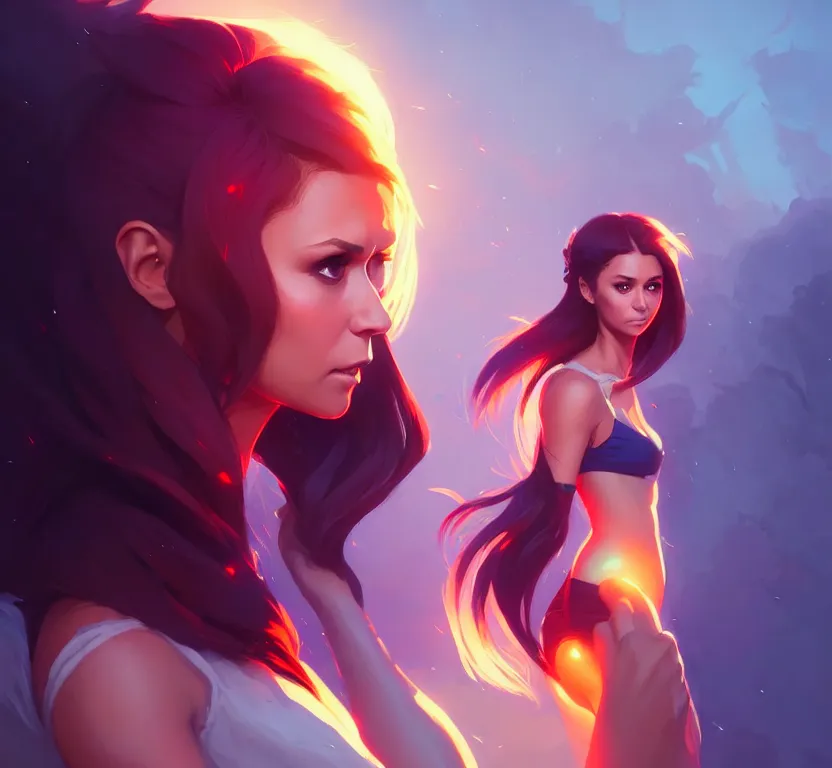 Image similar to nina dobrev, trending on artstation by artgerm, stephen bliss, greg rutkowski, loish, rhads, makoto shinkai and lois van baarle, ilya kuvshinov, rossdraws.