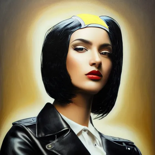 Image similar to a painting of a black haired woman in a leather jacket, an ultrafine detailed painting by rafal olbinski, behance contest winner, pop surrealism, detailed painting, very detailed, minimalist, skeuomorphic, airbrush art