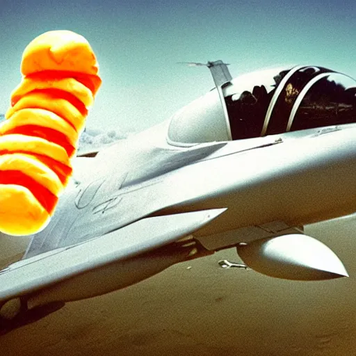 Prompt: a view from the cockpit of a fighter jet attacking a giant marshmallow