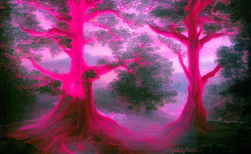 Prompt: a tree made of spiritual pink light painted by thomas cole