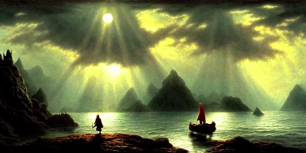 Image similar to a hobbit out at a lord of the rings scenery landscape, staring across the sea from the shore at a white timber sail boat leaving harbour, evening, god's rays highly detailed, vivid colour, soft clouds, full moon, cinematic lighting, perfect composition, gustave dore, derek zabrocki, greg rutkowski, belsinski