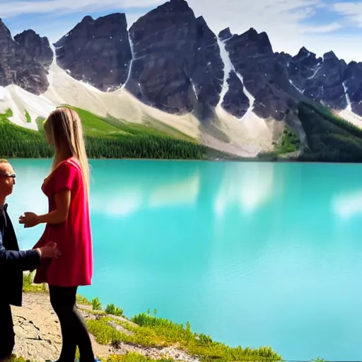 Prompt: a painting of a dark - haired man proposes to his blond wife next to a beautiful turquoise lake, mountain in the background