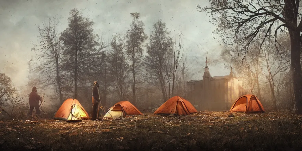 Prompt: two homeless men camping by an abandoned haunted asylum, a hobo barrel fire, elegant scene, low angle, wide angle, deep forest, wide angle, cinematic, ultrarealistic, trending on artstation, cgsociety, highly detailed, color graded, rendered in unreal engine 4 k hq, matte painting, by simon stalenhag and abandoned asylum in the woods