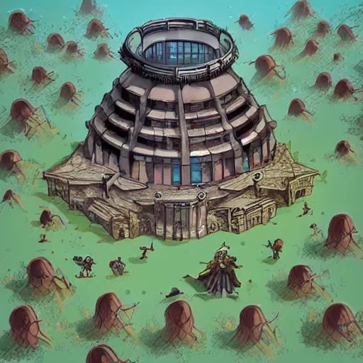 Image similar to an anthill in the shape of a school drawn by artgerm