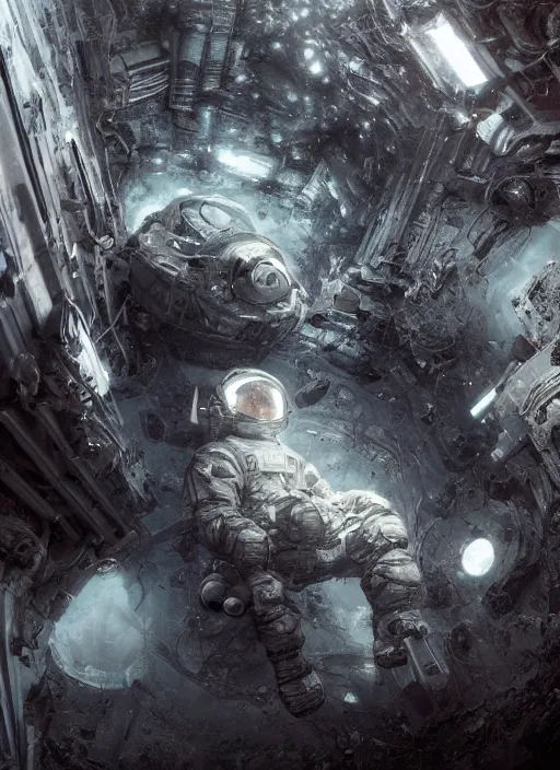 Image similar to infrared concept art by craig mullins astronaut in futuristic dark and empty spaceship underwater. complex and hyperdetailed technical suit. mandelbulb fractal. reflection and dispersion materials. rays and dispersion of light. volumetric light. 5 0 mm, f / 3 2. noise film photo. flash photography. octane render. interstellar movie art