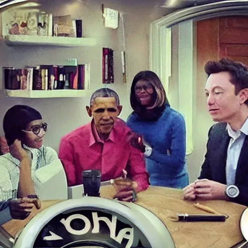 Image similar to peoples around a table, obama, yoda, elon musk, mia khalifa, skyrim