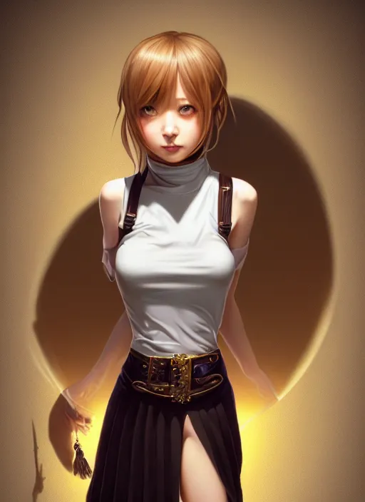 Image similar to portrait of a full body of beautiful young female detective, d & d, sleeveless turtleneck, pleated skirt, fantasy, flat lighting, intricate, highly detailed, digital painting, artstation, concept art, smooth, sharp focus, illustration, misa amane, art by simon bisley and greg rutkowski and alphonse mucha, natural tpose