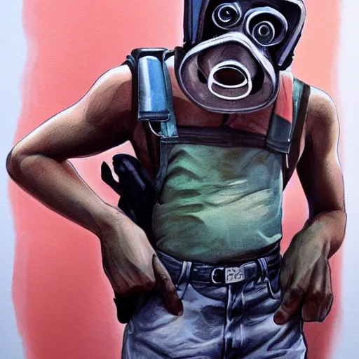 Image similar to detailed details art concept a 1 5 year old teenager, wears a singlet shirt, shorts and fanny packs and sometimes wears a gas mask, handling ak 4 8 in the style of bob peak and alex ross, gouache and wash paints color, detailed details facial and body and human and environments and proportionate, detailed 5 k details.