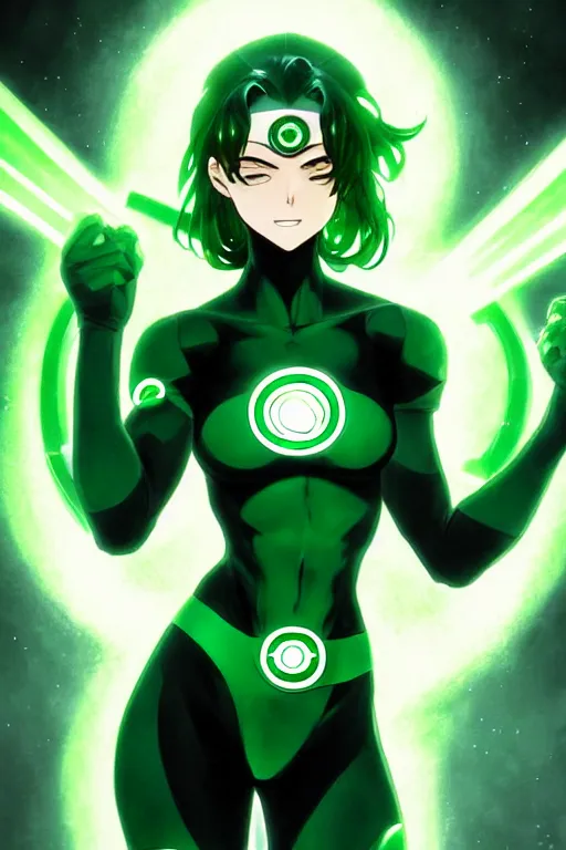 Image similar to anime key visual of a beautiful young female green lantern!! intricate, green and black suit, glowing, powers, dc comics, cinematic, stunning, highly detailed, digital painting, artstation, smooth, hard focus, illustration, art by artgerm and greg rutkowski and alphonse mucha